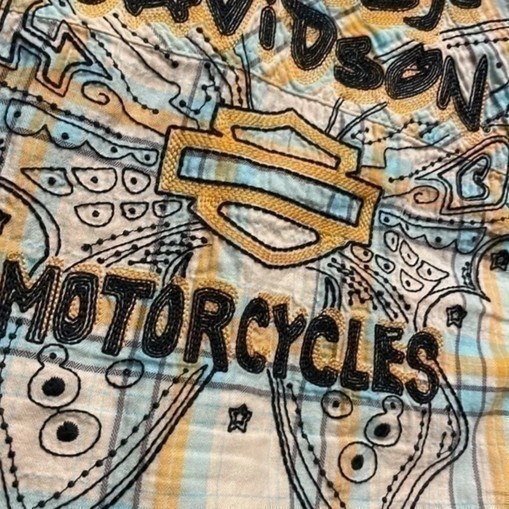 Harley Davidson capped sleeve white/blue/orange plaid embroidered logo top XS - Picture 12 of 13